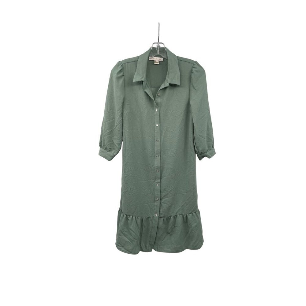 Monteau Los Angeles Button Up Shift Dress Ruffle Hem 3/4 Sleeve Green Size XS